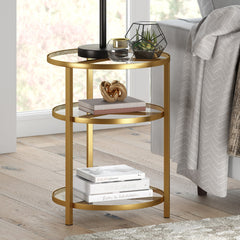 24" Brass Glass And Steel Round End Table With Two Shelves