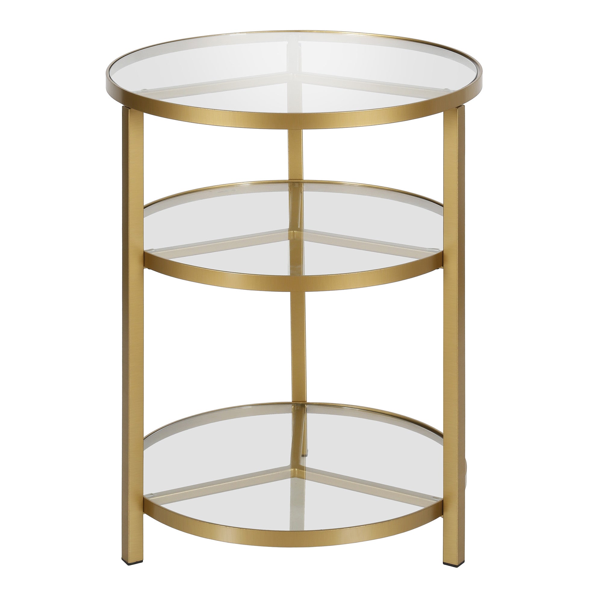 24" Brass Glass And Steel Round End Table With Two Shelves