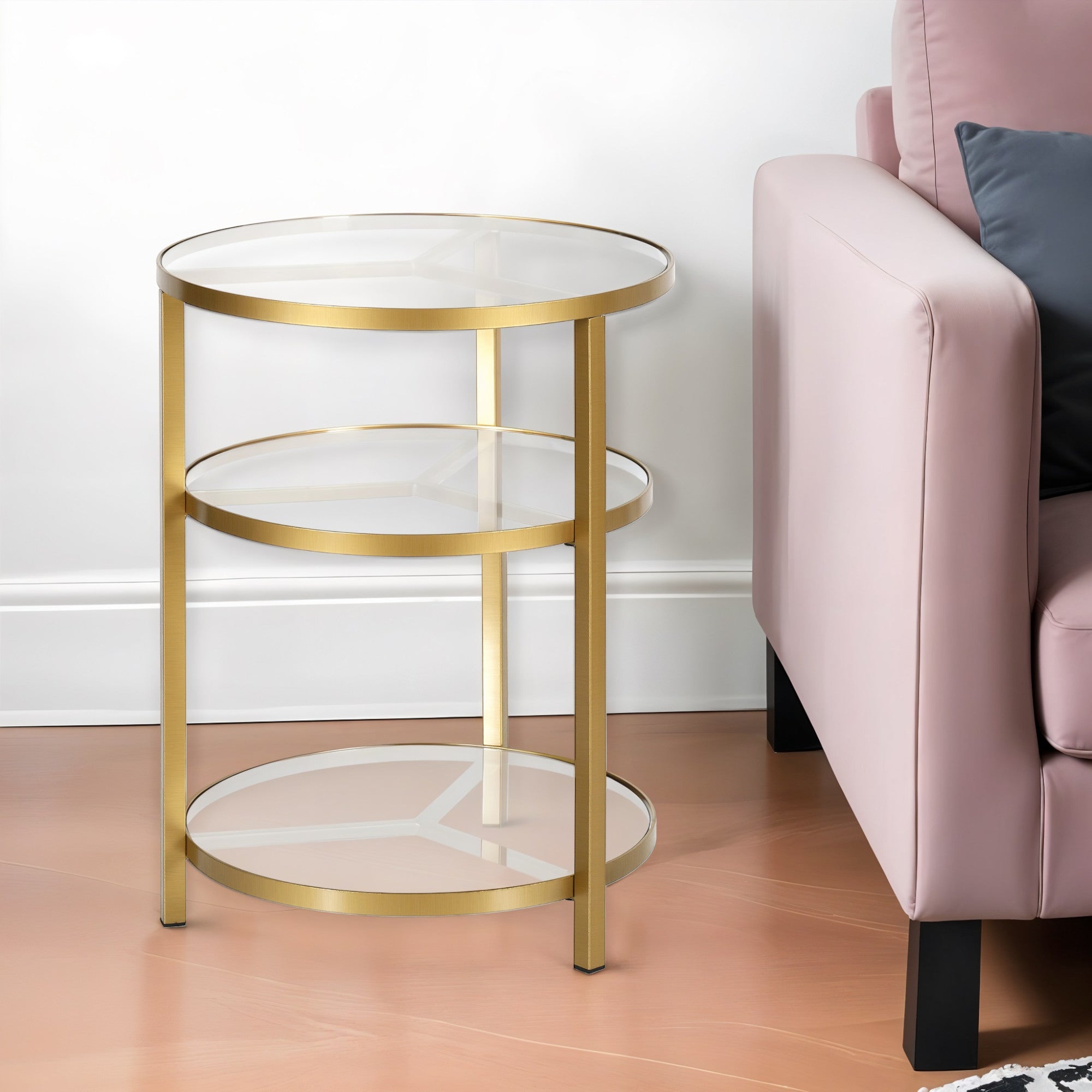 24" Brass Glass And Steel Round End Table With Two Shelves