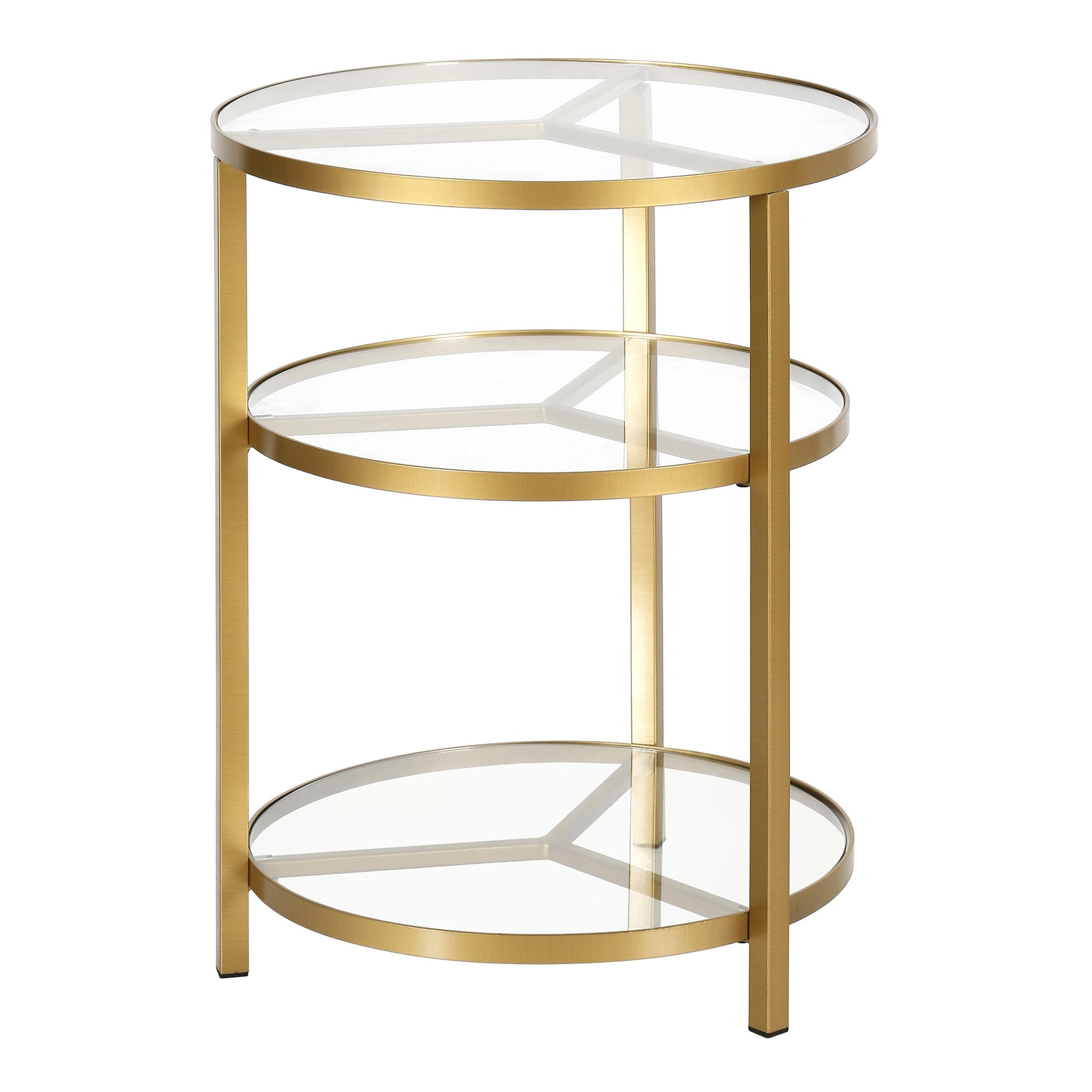 24" Brass Glass And Steel Round End Table With Two Shelves