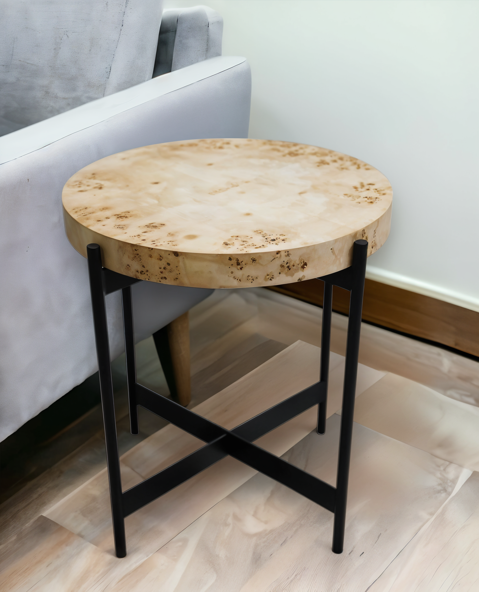 22" Black And Brown Wood And Metal Round End Table