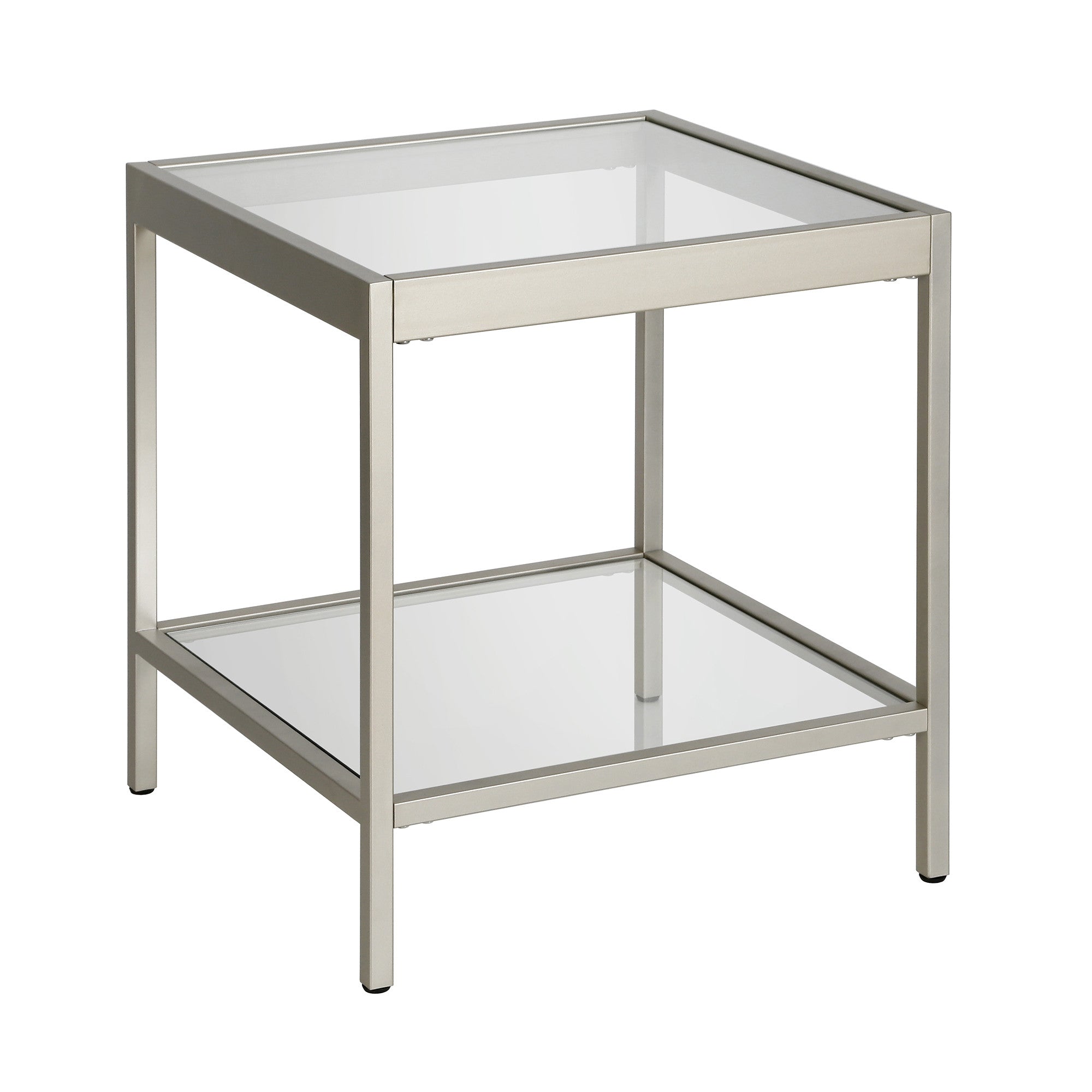 22" Nickel And Clear Glass And Steel Square End Table With Shelf