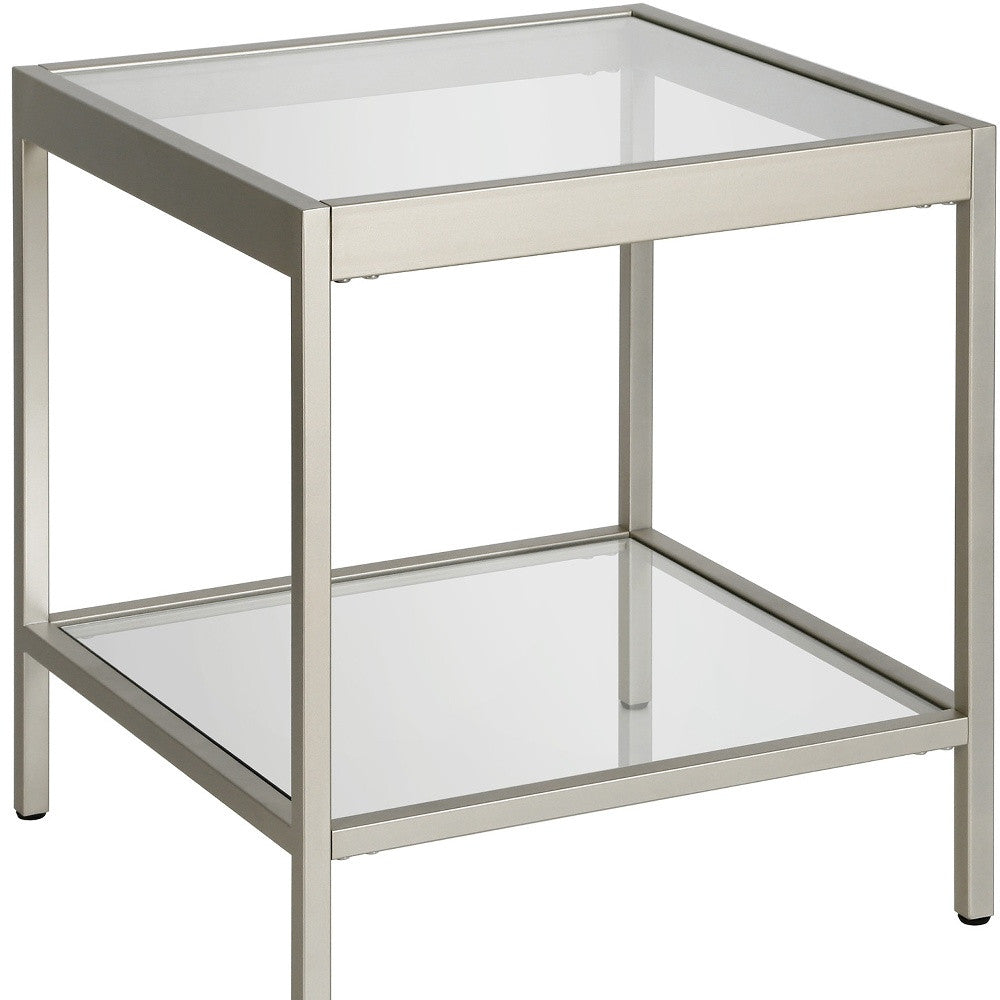 22" Nickel And Clear Glass And Steel Square End Table With Shelf