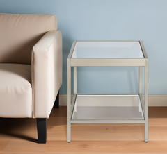 22" Nickel And Clear Glass And Steel Square End Table With Shelf