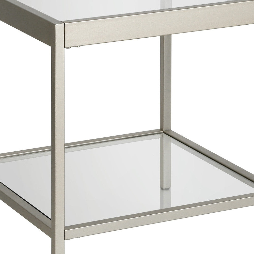 22" Nickel And Clear Glass And Steel Square End Table With Shelf