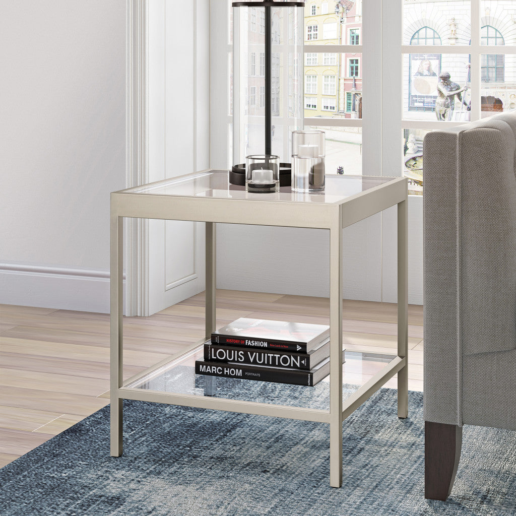 22" Nickel And Clear Glass And Steel Square End Table With Shelf