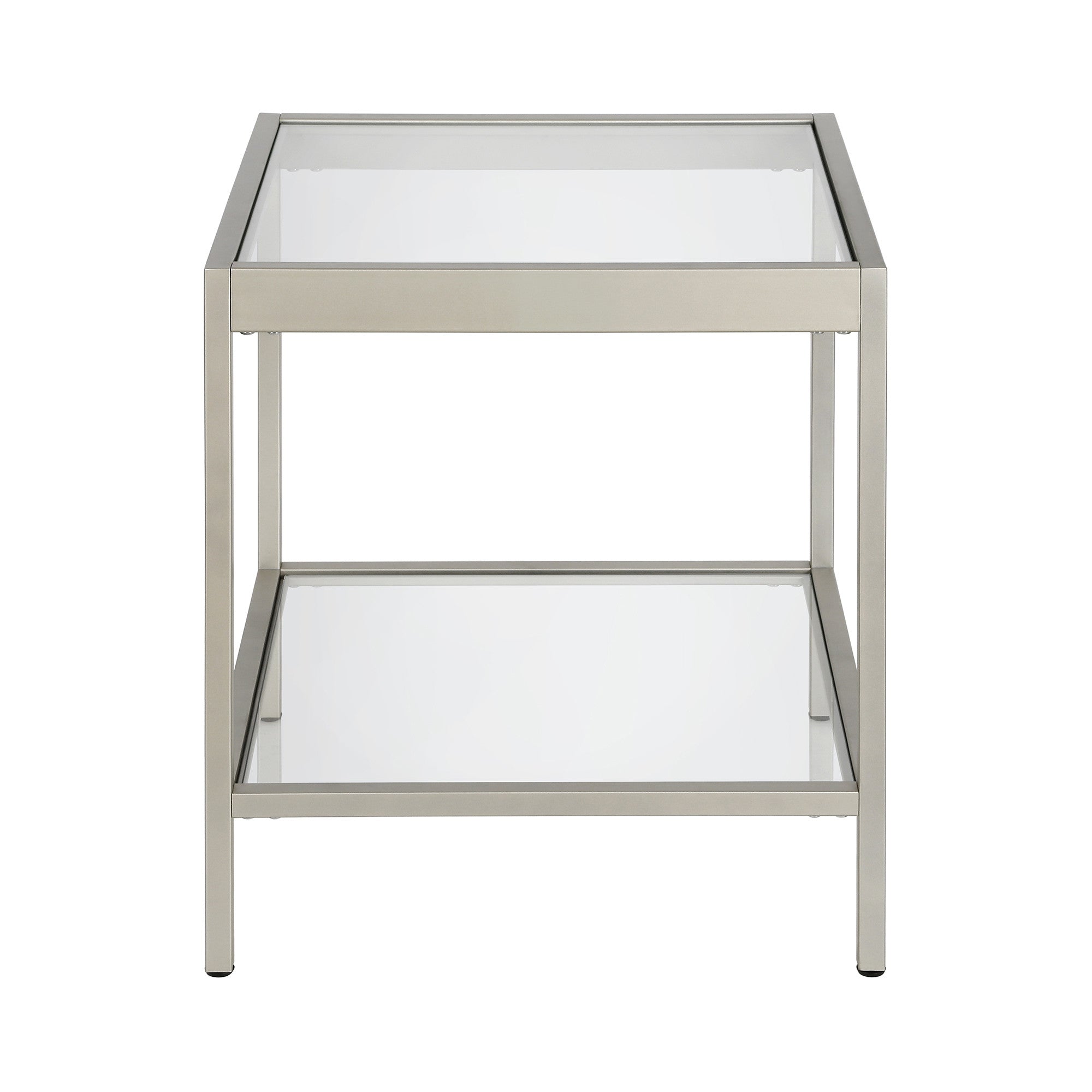 22" Nickel And Clear Glass And Steel Square End Table With Shelf