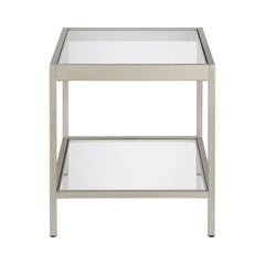 22" Nickel And Clear Glass And Steel Square End Table With Shelf