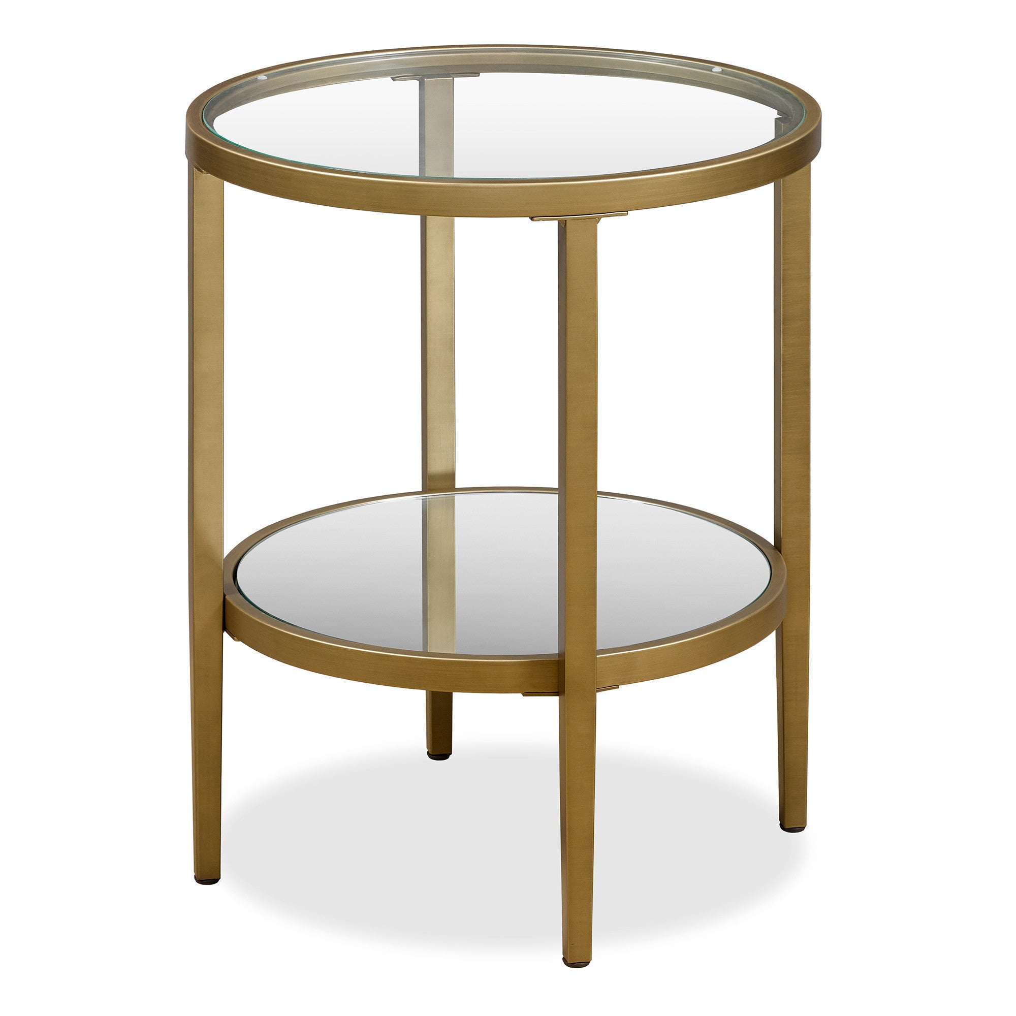 24" Antiqued Brass And Clear Glass And Steel Round Mirrored End Table With Shelf