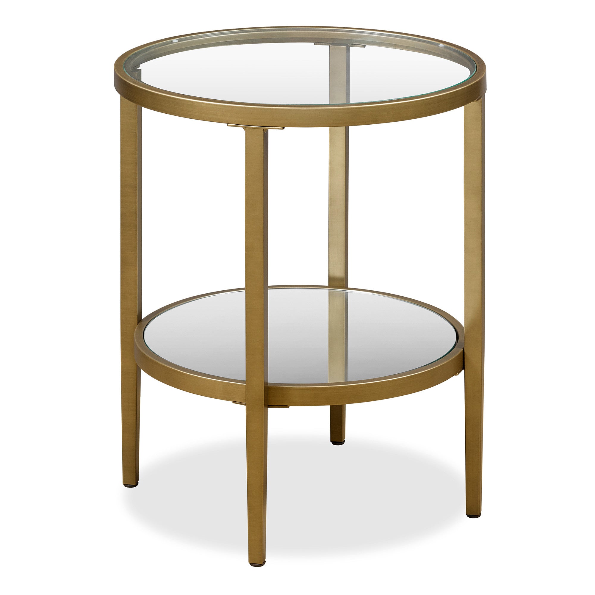 24" Antiqued Brass And Clear Glass And Steel Round Mirrored End Table With Shelf