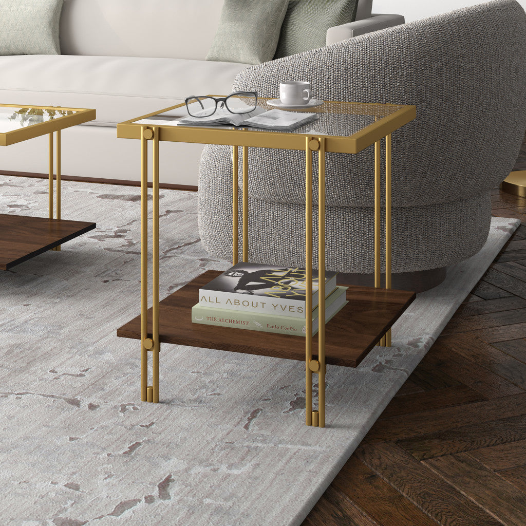 22" Brass And Clear Glass And Steel Square End Table With Shelf