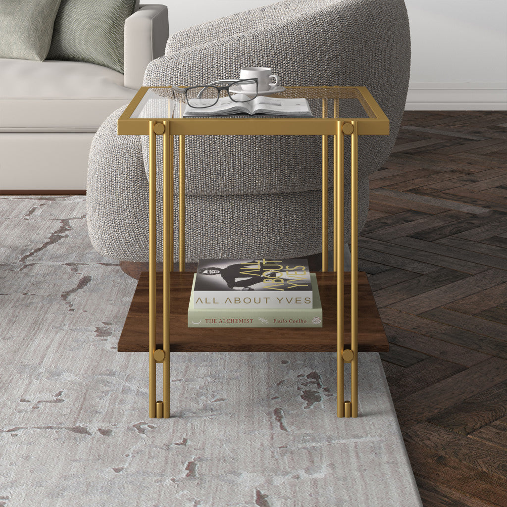 22" Brass And Clear Glass And Steel Square End Table With Shelf