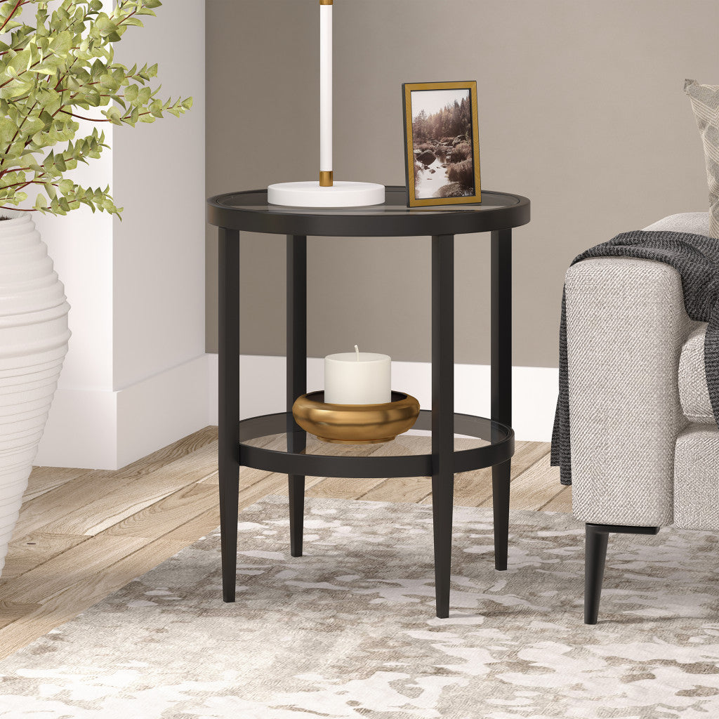 24" Black And Clear Glass And Steel Round End Table With Shelf