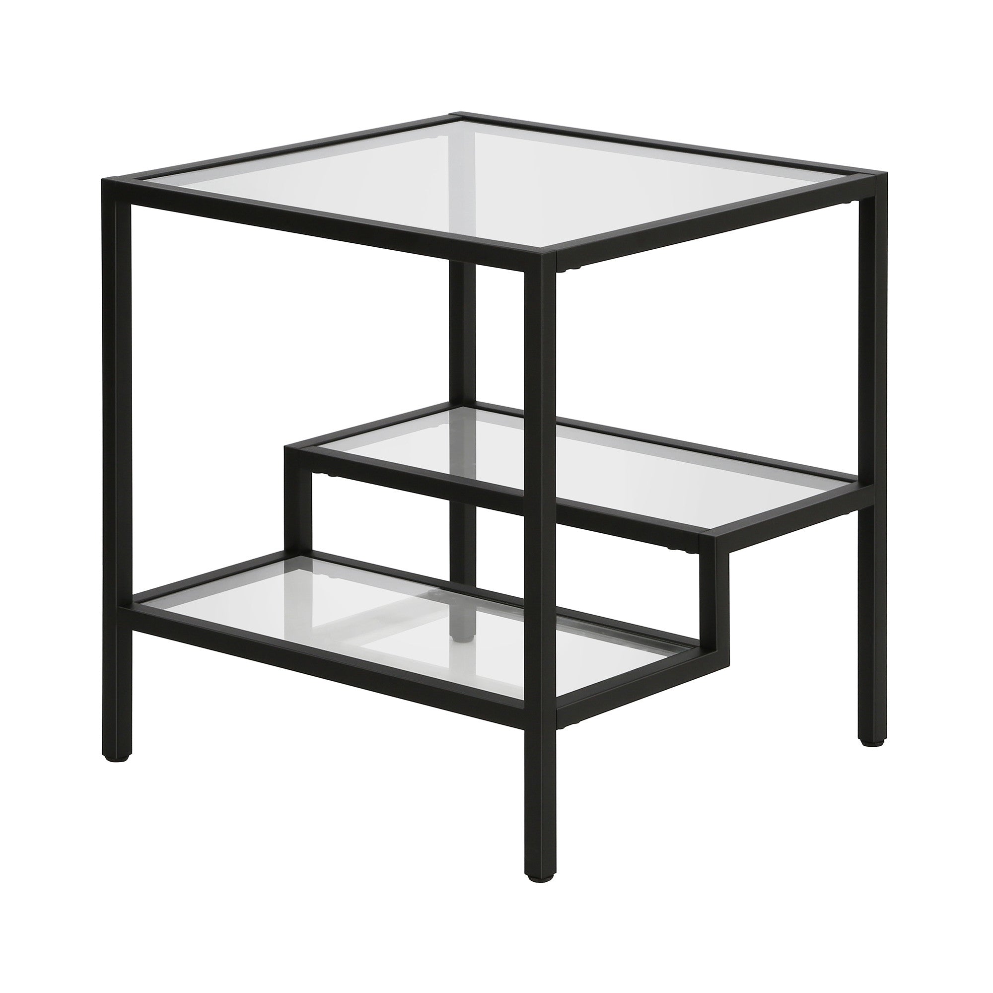 22" Black And Clear Glass And Steel Square End Table With Two Shelves