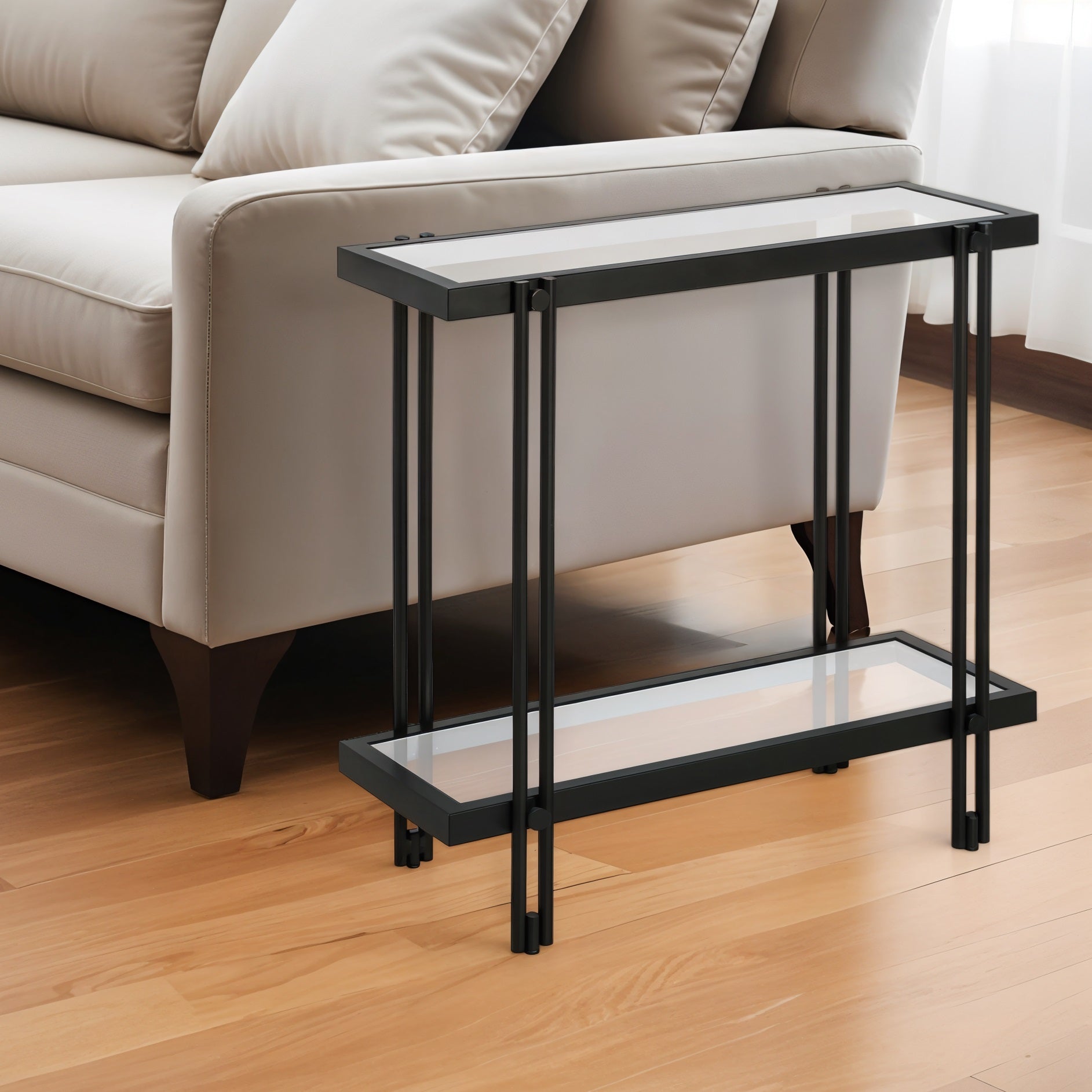 24" Black And Clear Glass End Table With Shelf