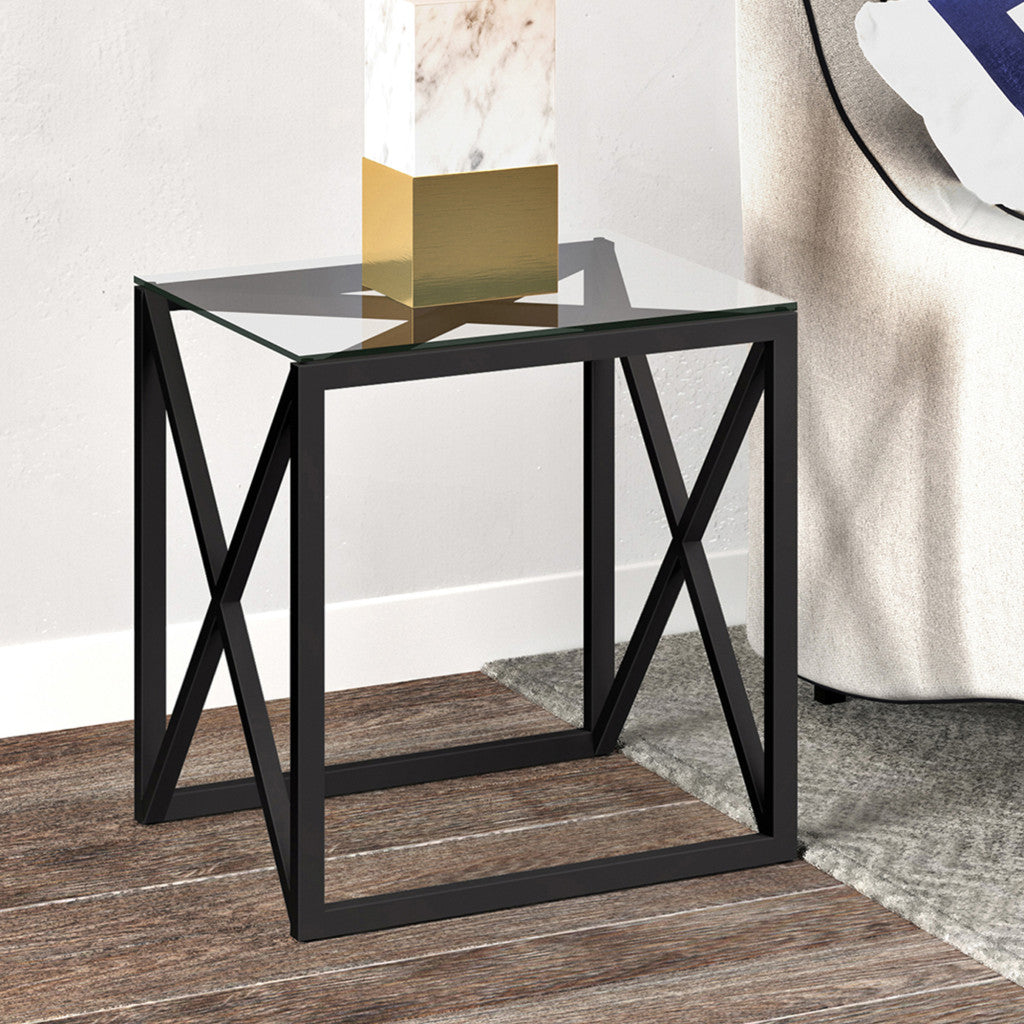 22" Black And Clear Glass And Steel Square End Table