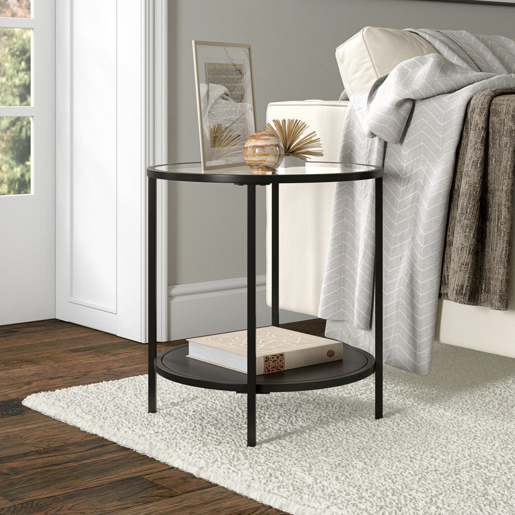 22" Black And Clear Glass And Steel Round End Table With Shelf