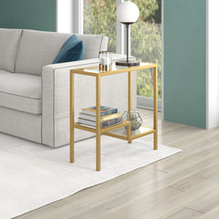 24" Brass And Clear Glass And Steel End Table With Two Shelves