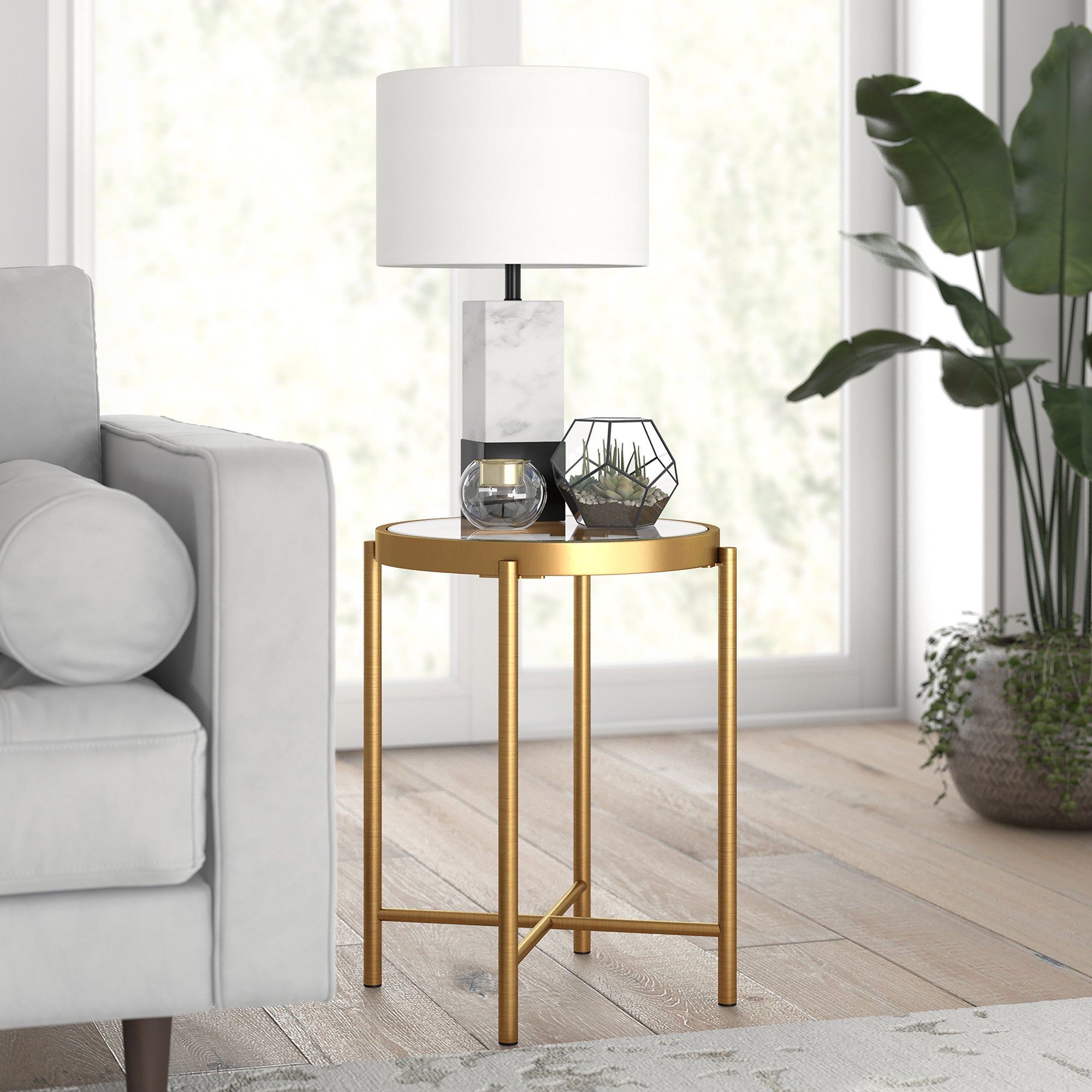 22" Brass And Clear Glass And Steel Round End Table