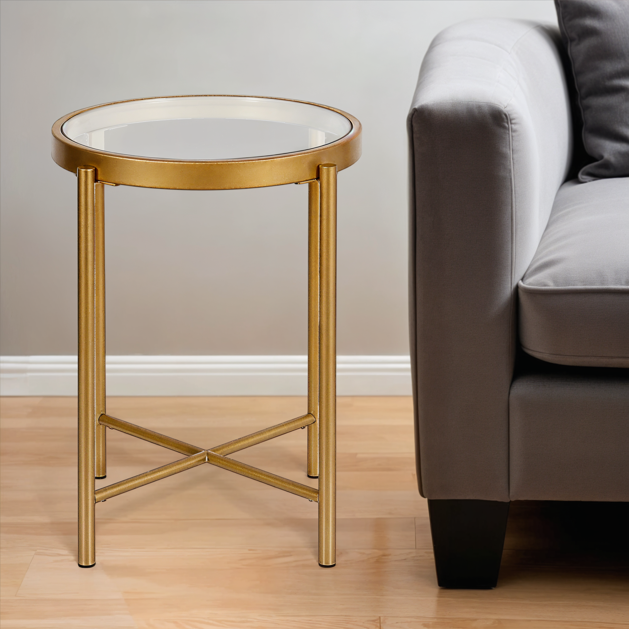 22" Brass And Clear Glass And Steel Round End Table