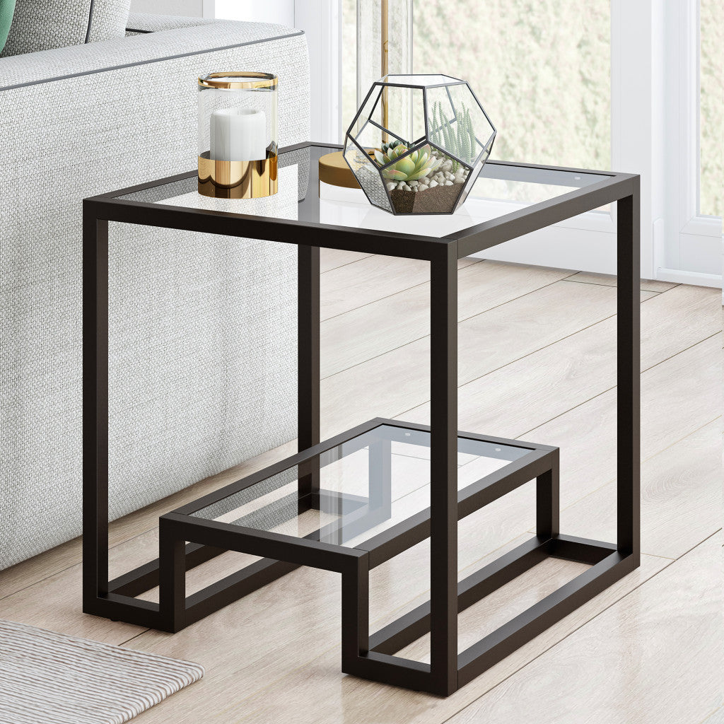 22" Black And Clear Glass And Steel Square End Table With Shelf