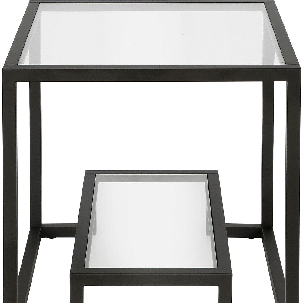 22" Black And Clear Glass And Steel Square End Table With Shelf