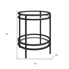 22" Black And Clear Glass And Steel Round End Table With Shelf