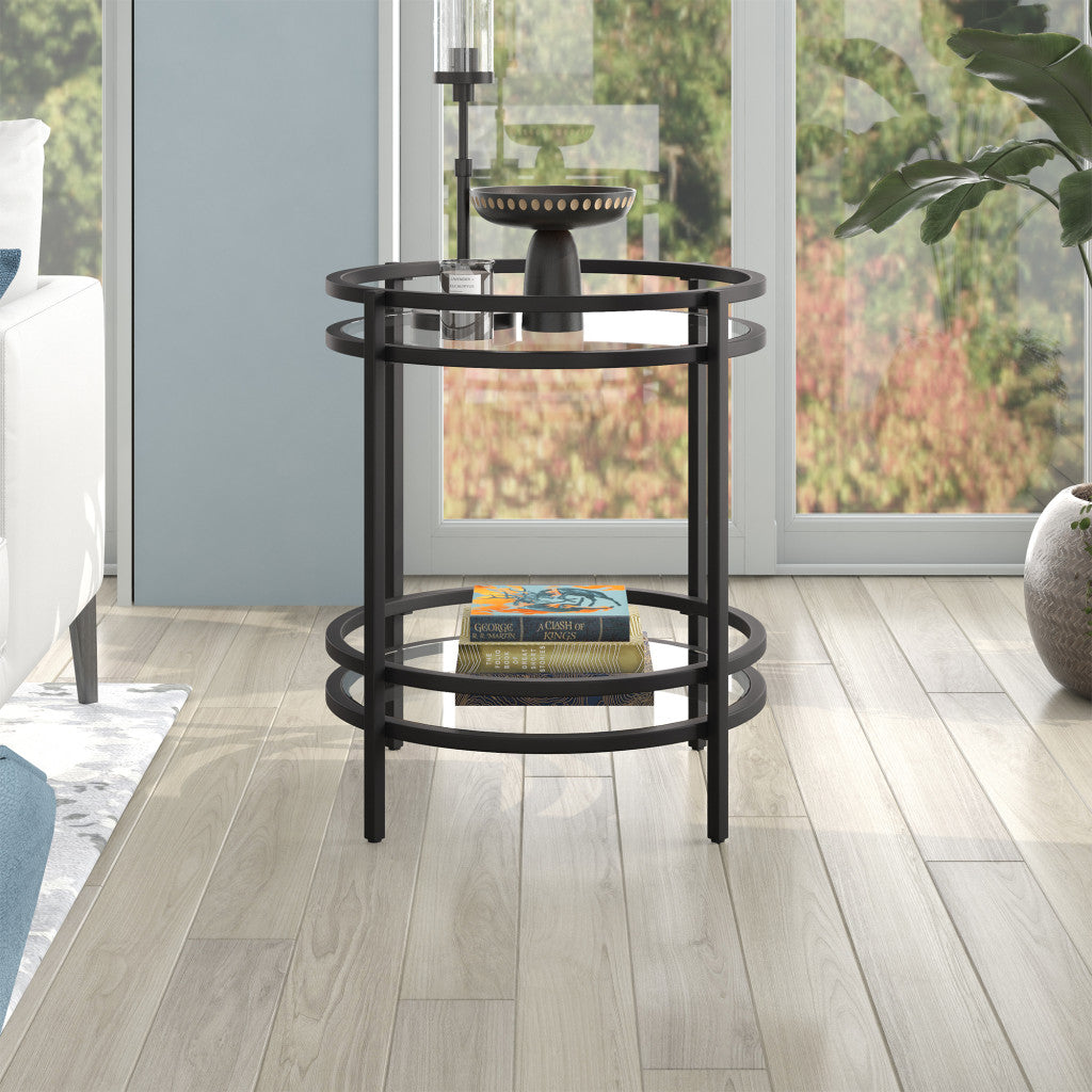 22" Black And Clear Glass And Steel Round End Table With Shelf