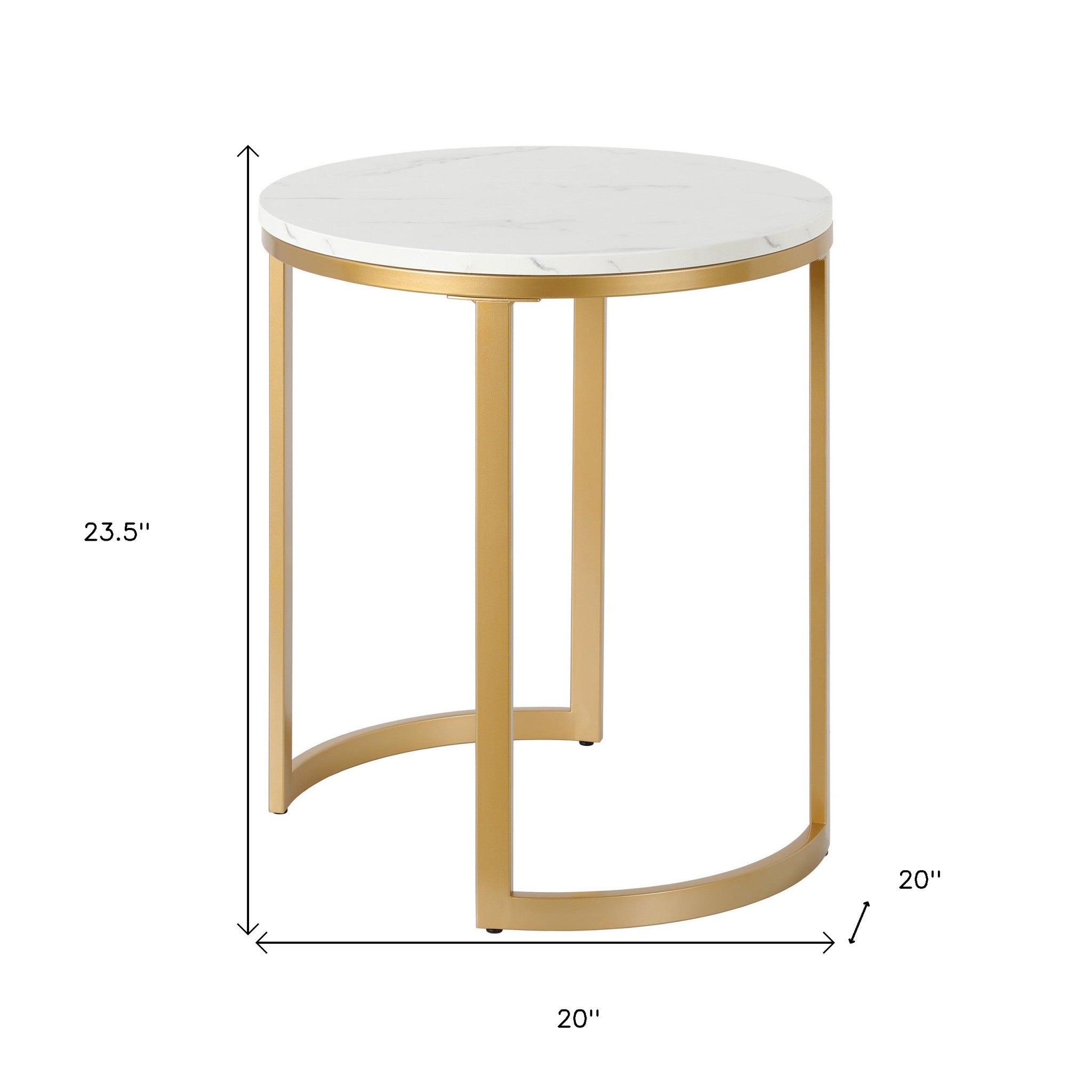 24" Brass And White Faux Marble And Steel Round End Table