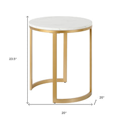 24" Brass And White Faux Marble And Steel Round End Table