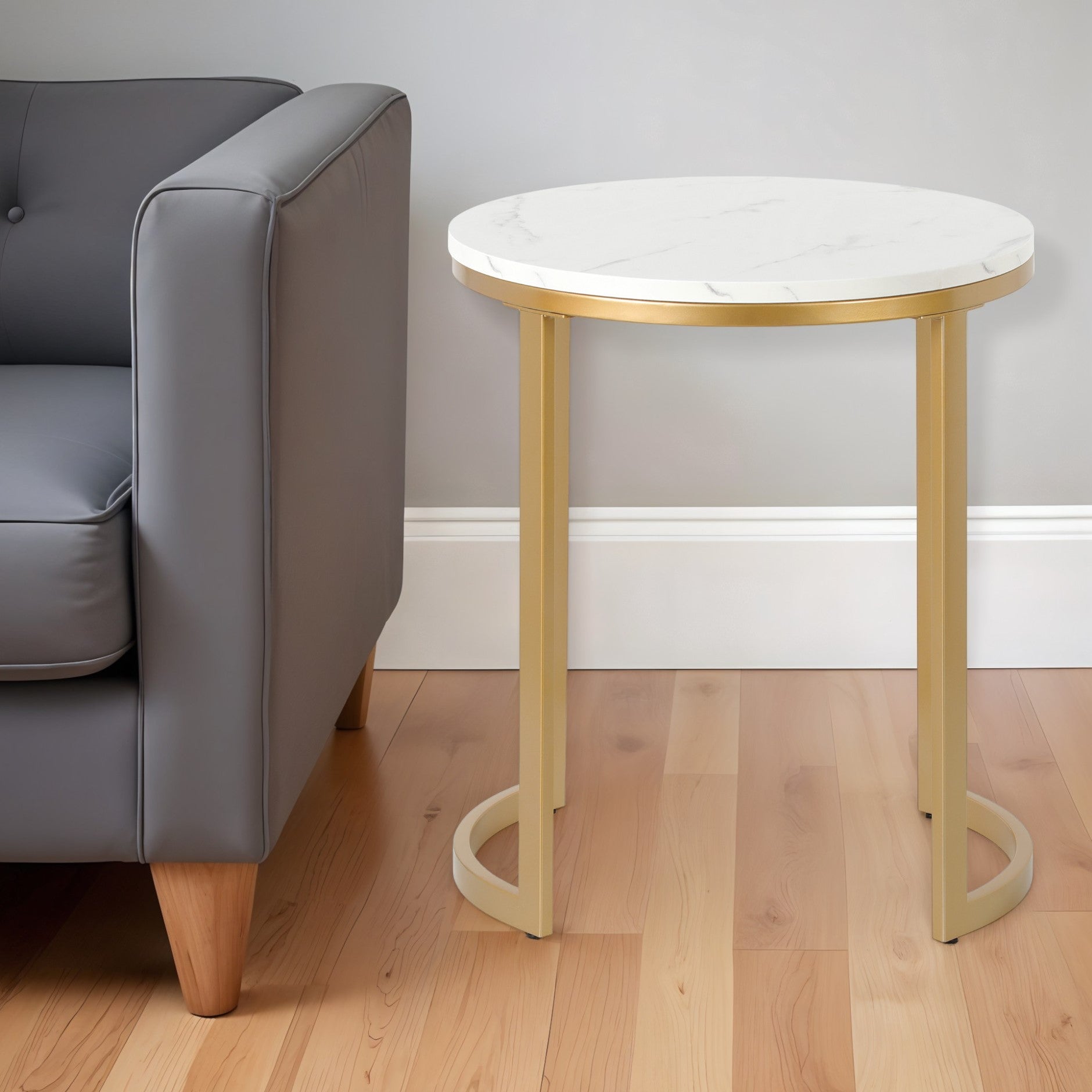 24" Brass And White Faux Marble And Steel Round End Table