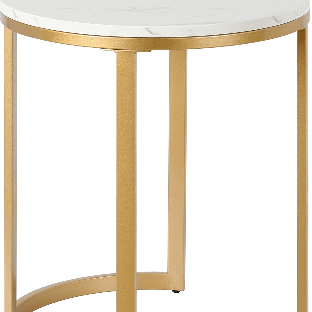 24" Brass And White Faux Marble And Steel Round End Table