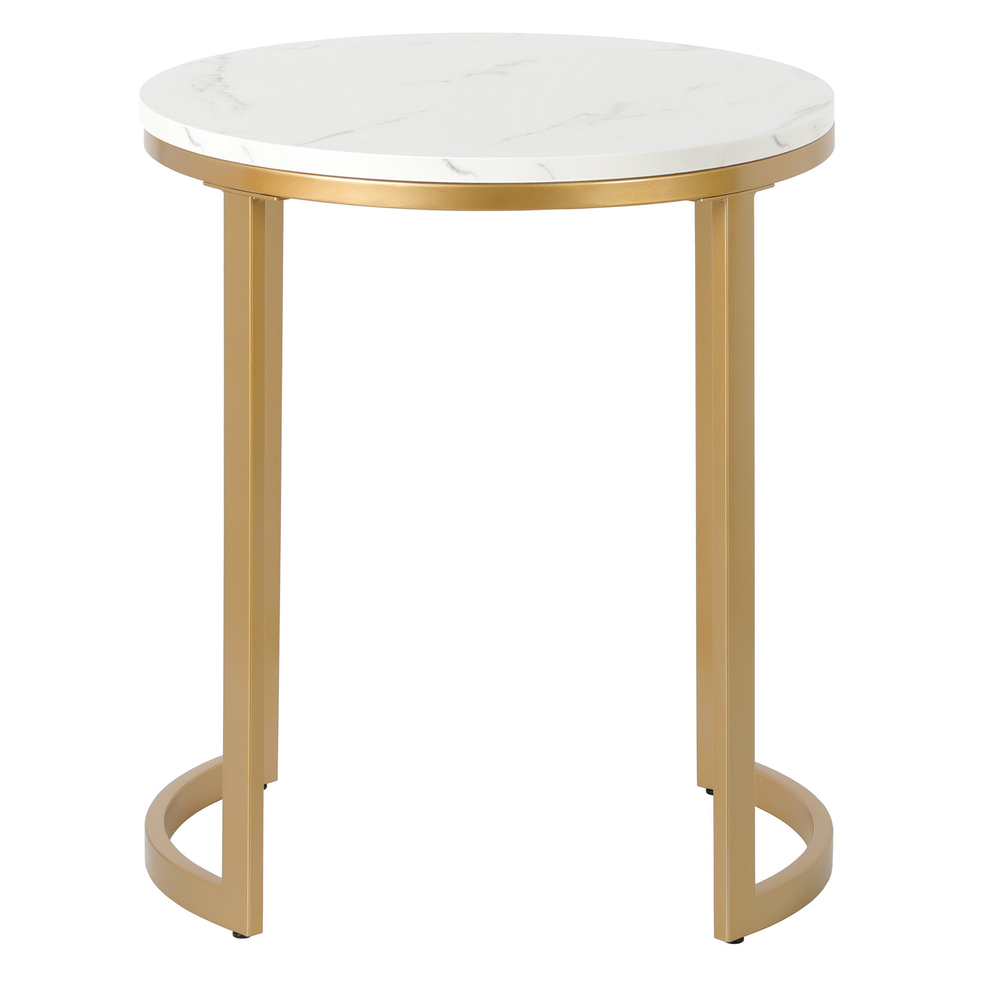 24" Brass And White Faux Marble And Steel Round End Table