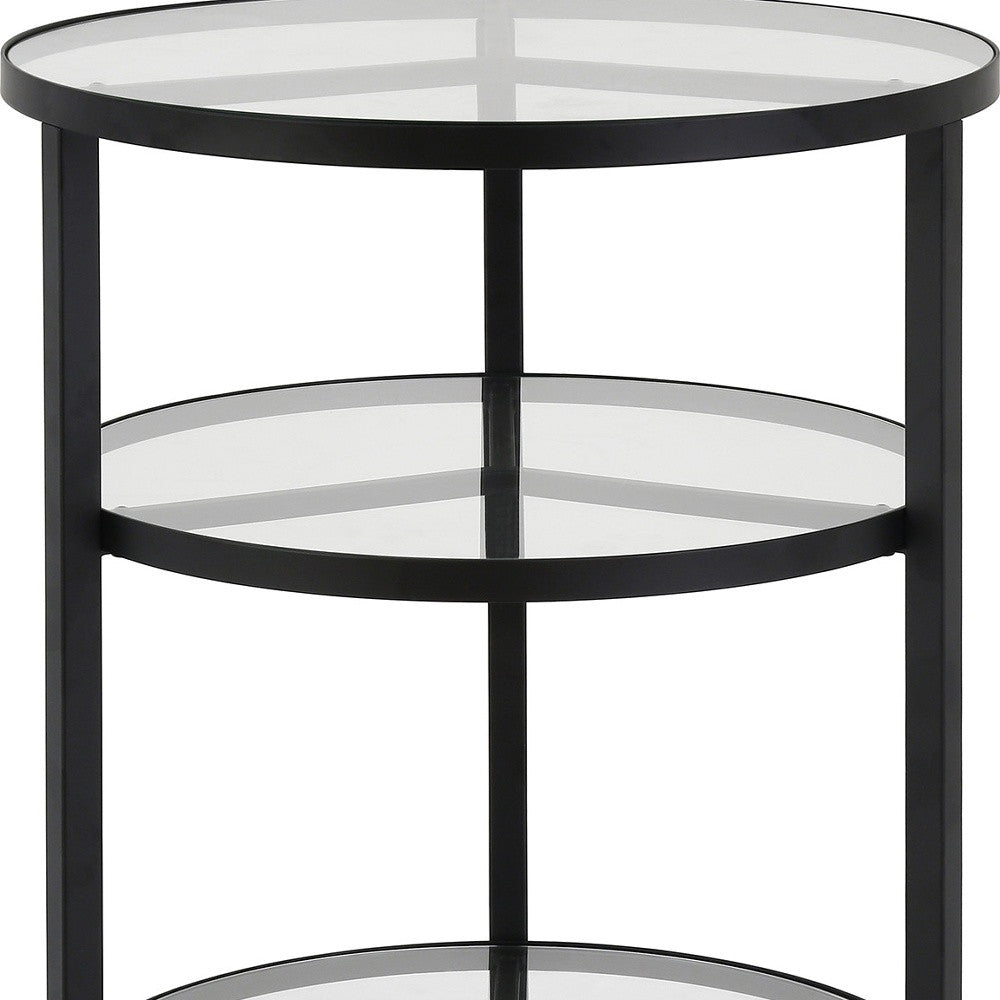 24" Black And Clear Glass And Steel Round End Table With Two Shelves