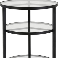 24" Black And Clear Glass And Steel Round End Table With Two Shelves