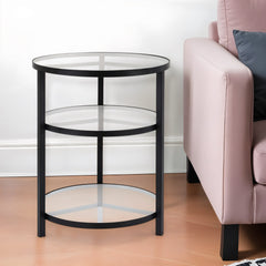 24" Black And Clear Glass And Steel Round End Table With Two Shelves