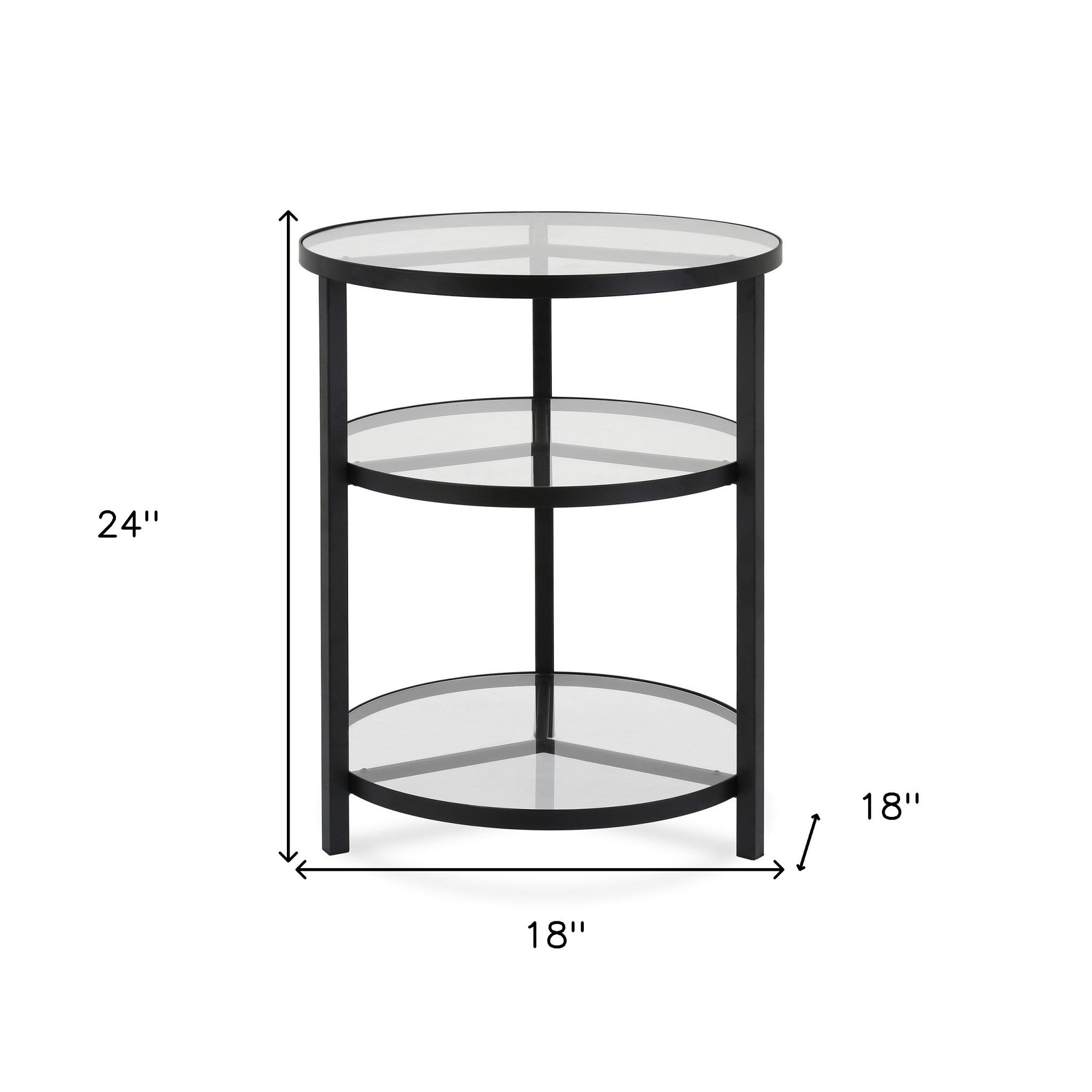 24" Black And Clear Glass And Steel Round End Table With Two Shelves