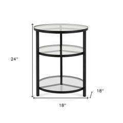 24" Black And Clear Glass And Steel Round End Table With Two Shelves