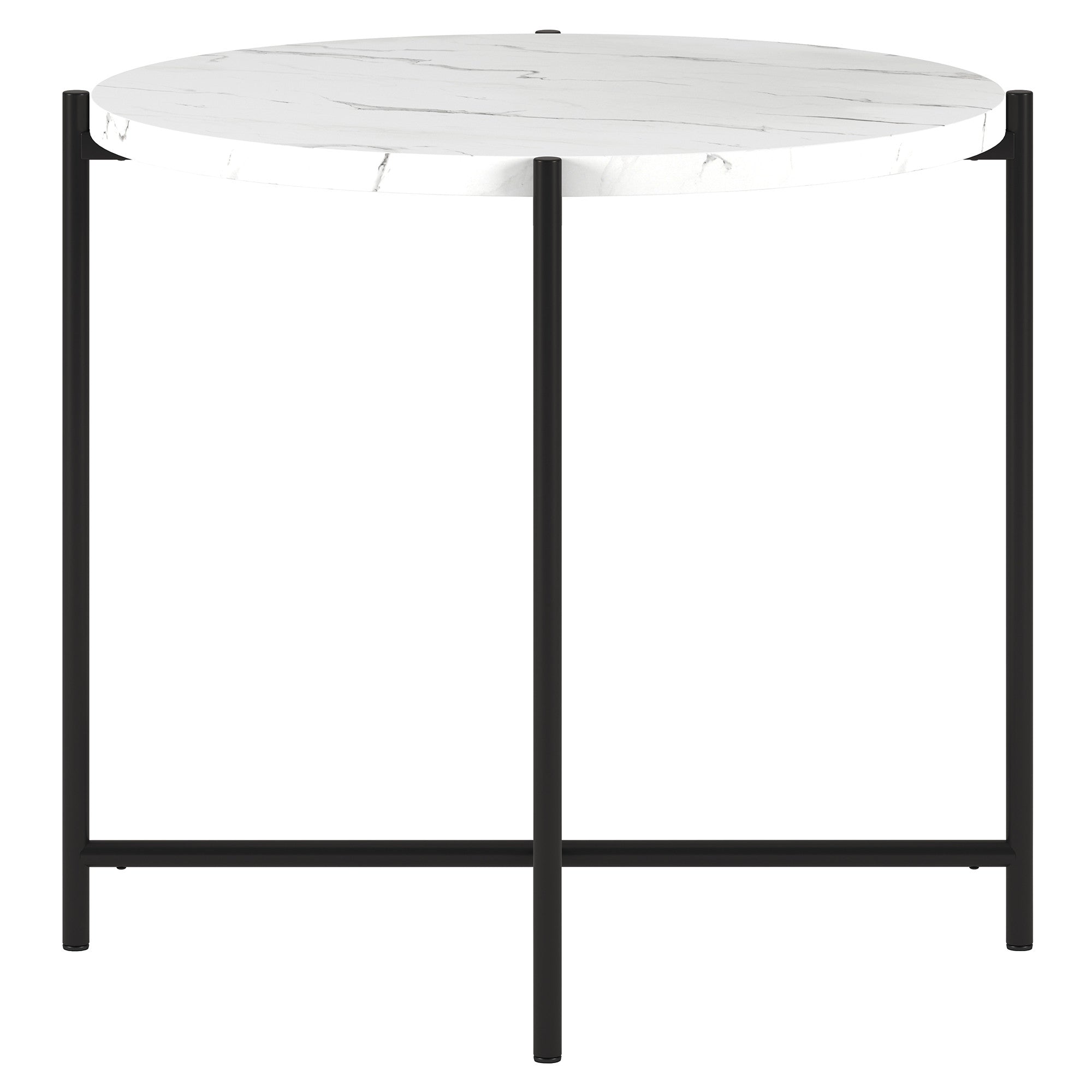 22" Black And White Faux Marble And Steel Round End Table