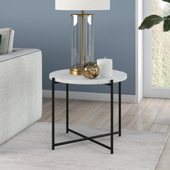 22" Black And White Faux Marble And Steel Round End Table