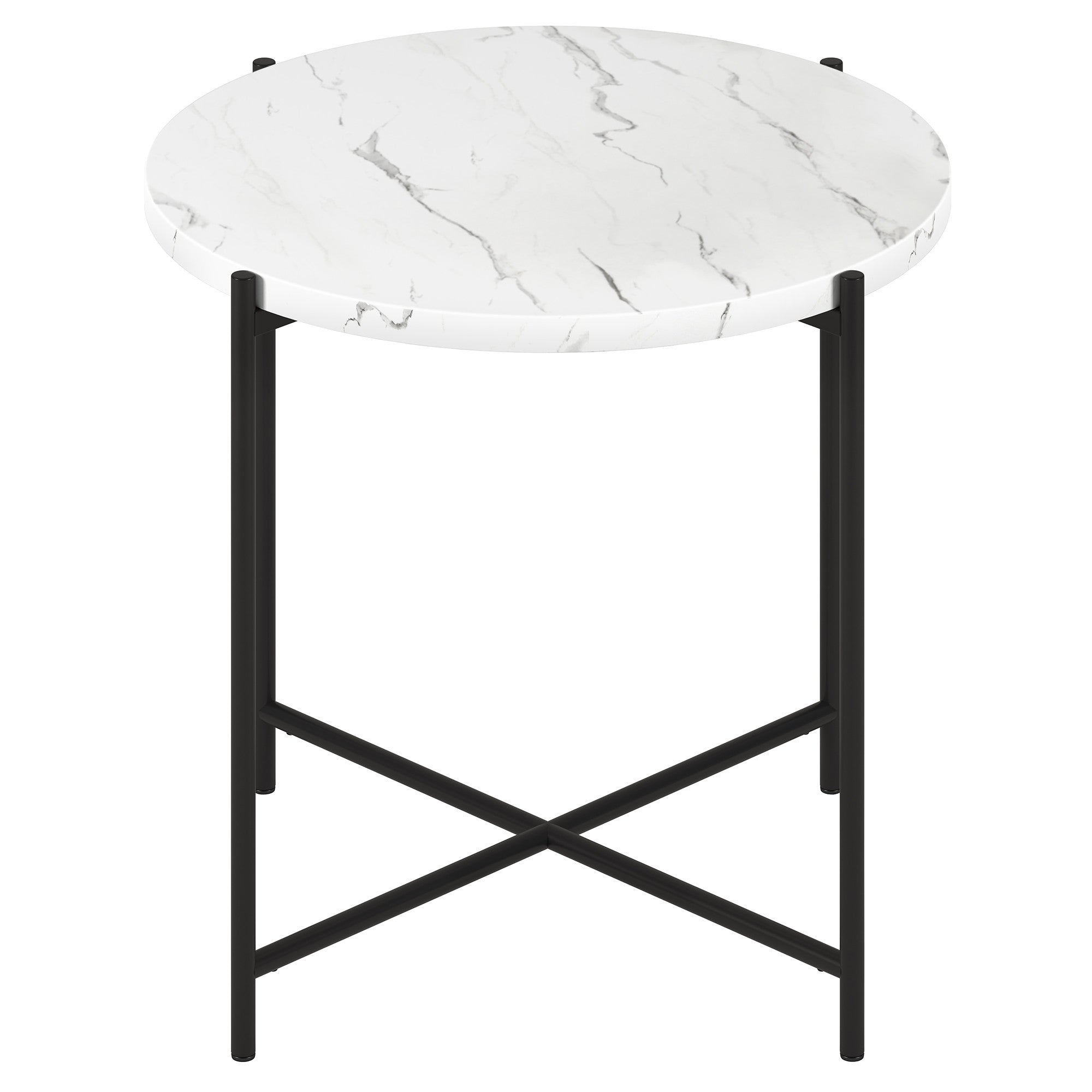 22" Black And White Faux Marble And Steel Round End Table