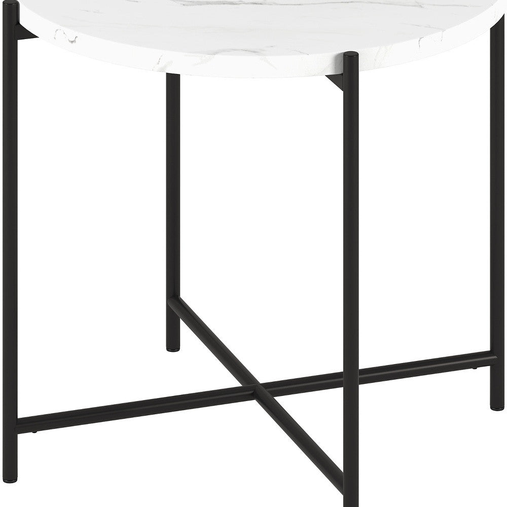 22" Black And White Faux Marble And Steel Round End Table