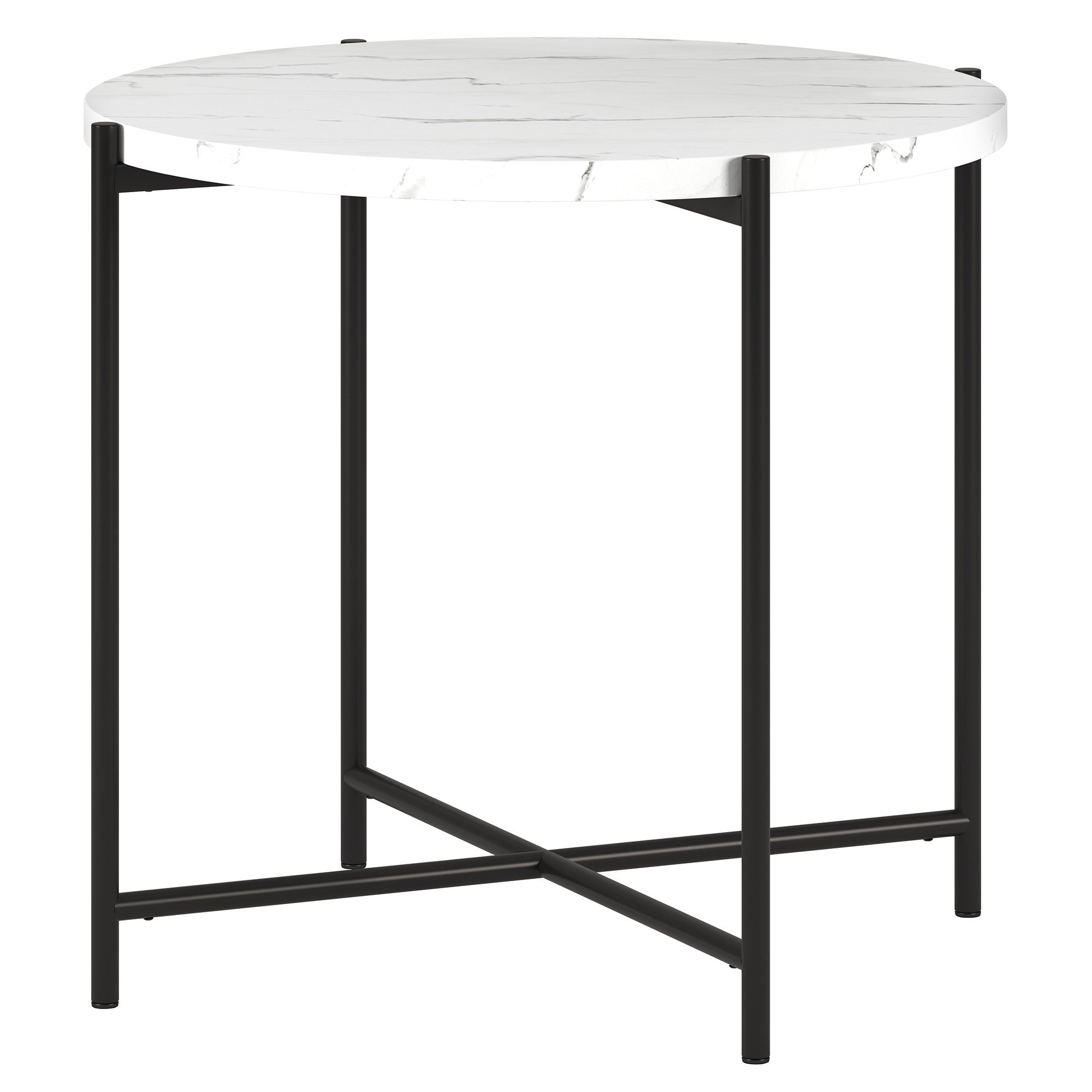 22" Black And White Faux Marble And Steel Round End Table