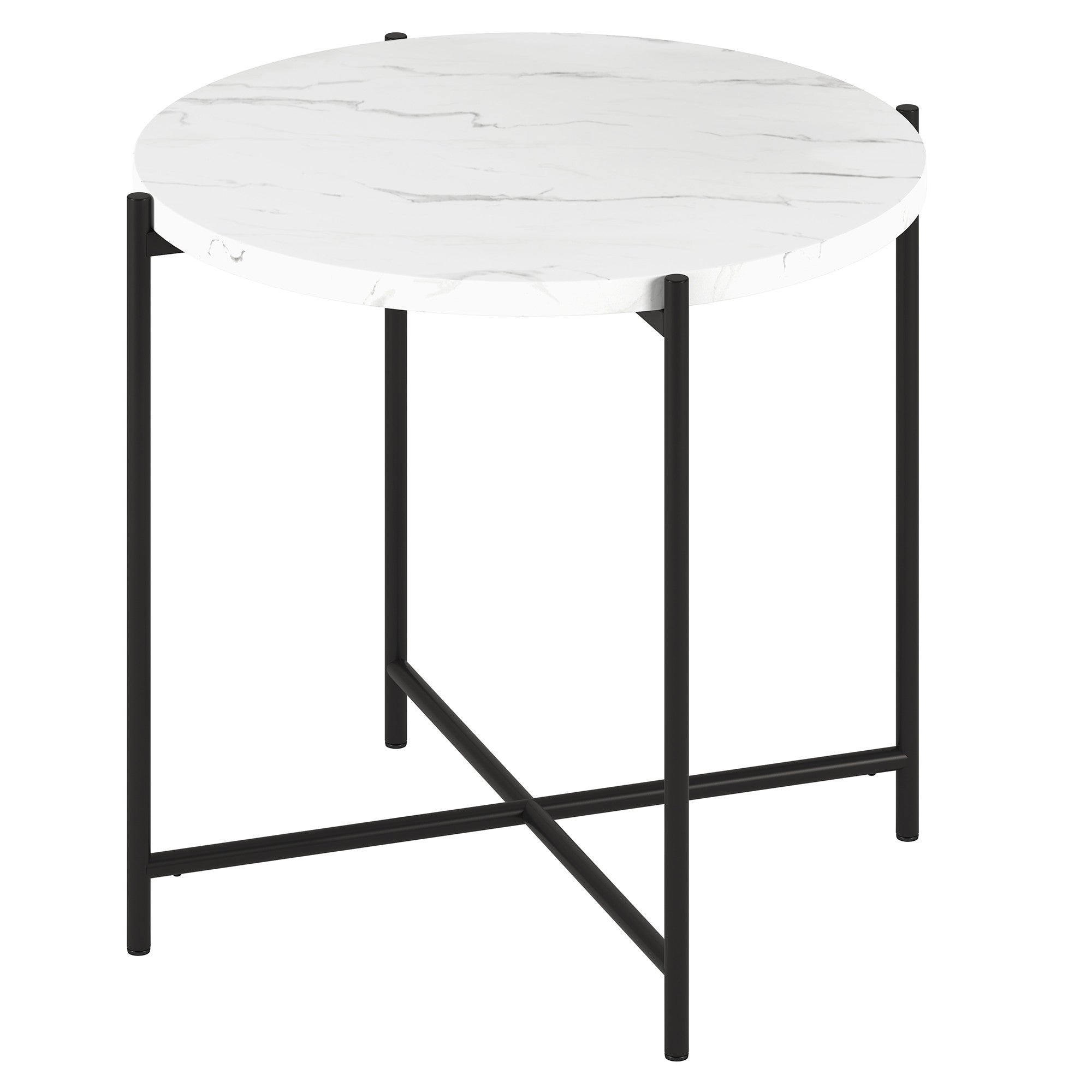 22" Black And White Faux Marble And Steel Round End Table