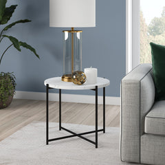 22" Black And White Faux Marble And Steel Round End Table