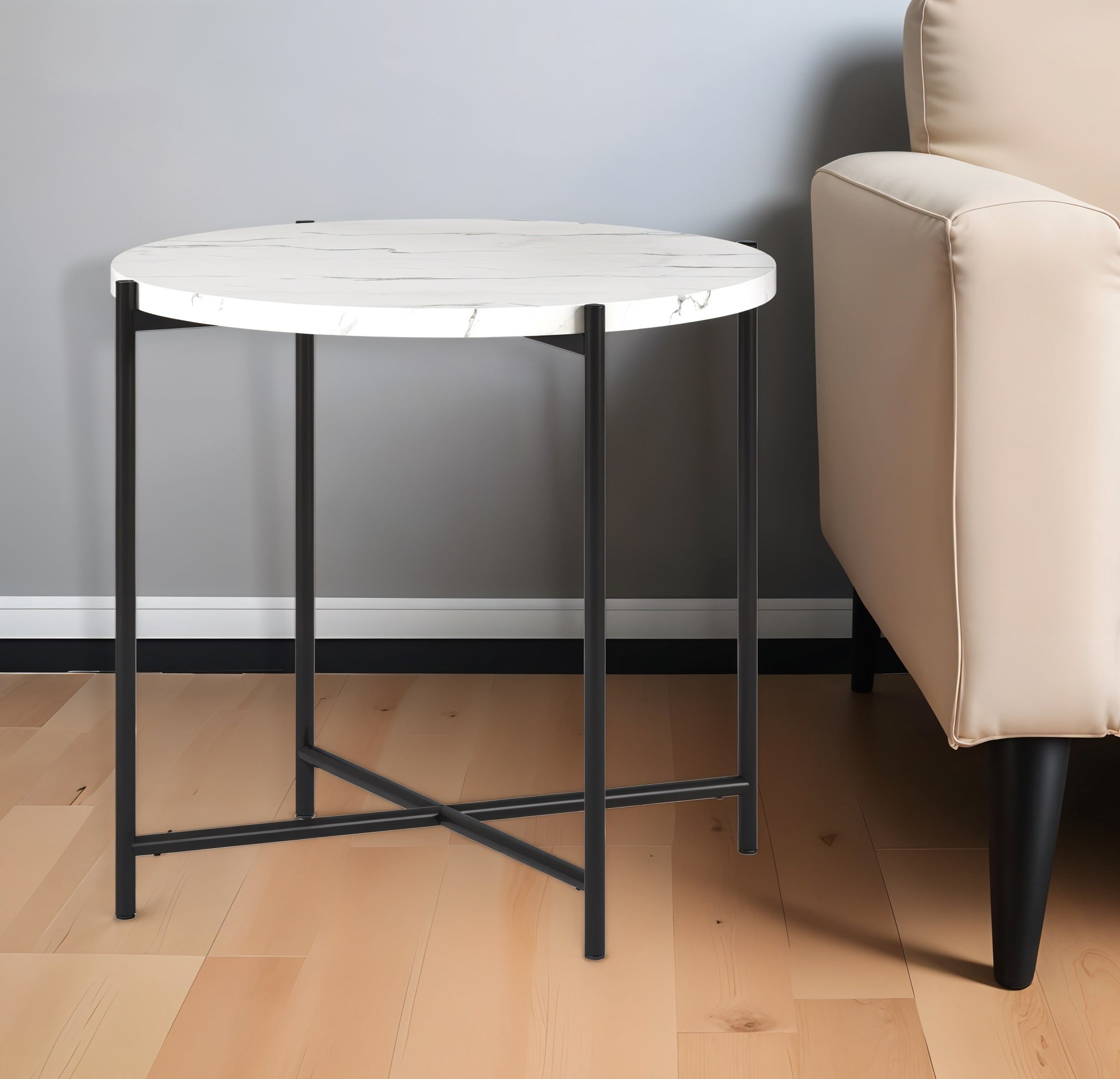 22" Black And White Faux Marble And Steel Round End Table