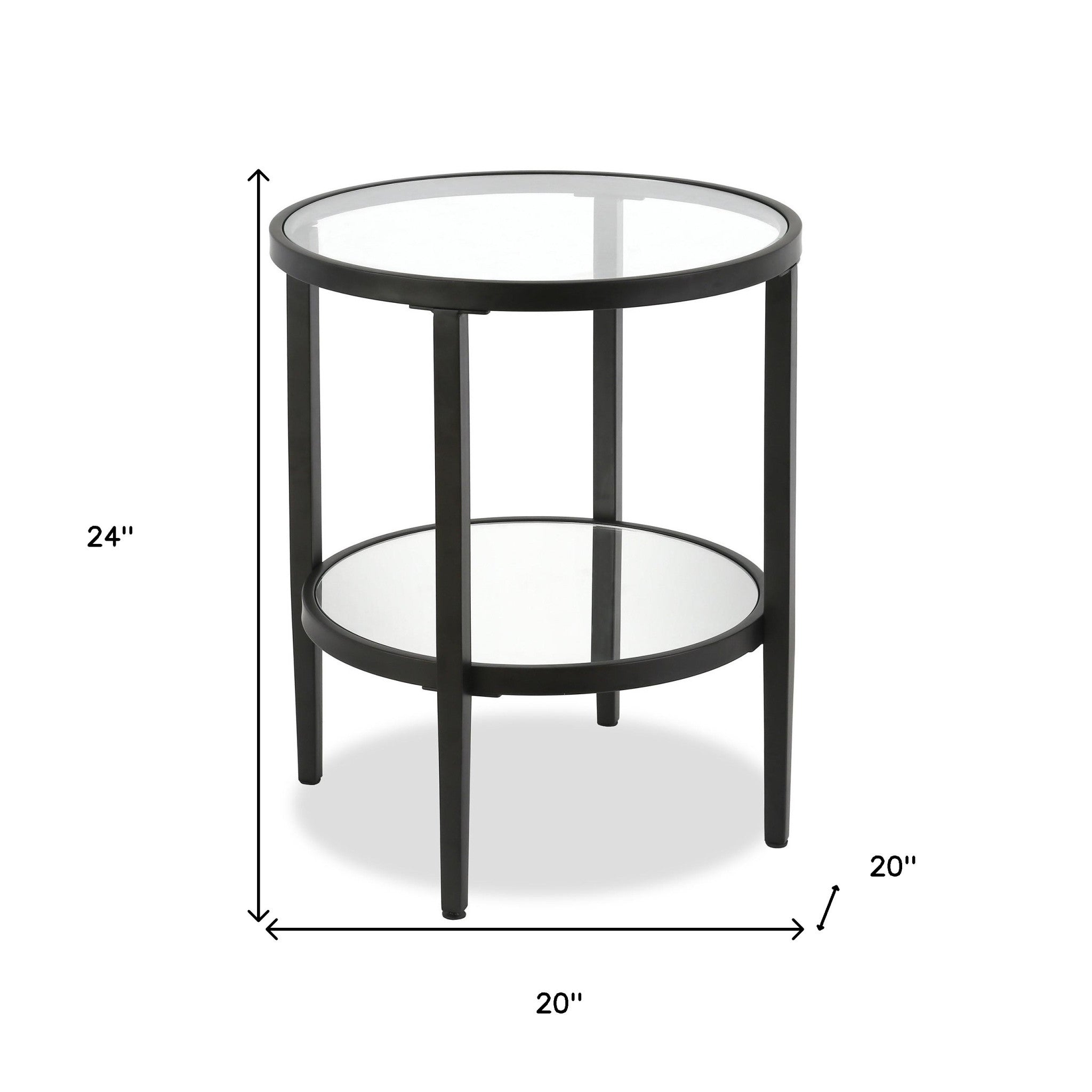 24" Black And Clear Glass And Steel Round Mirrored End Table With Shelf