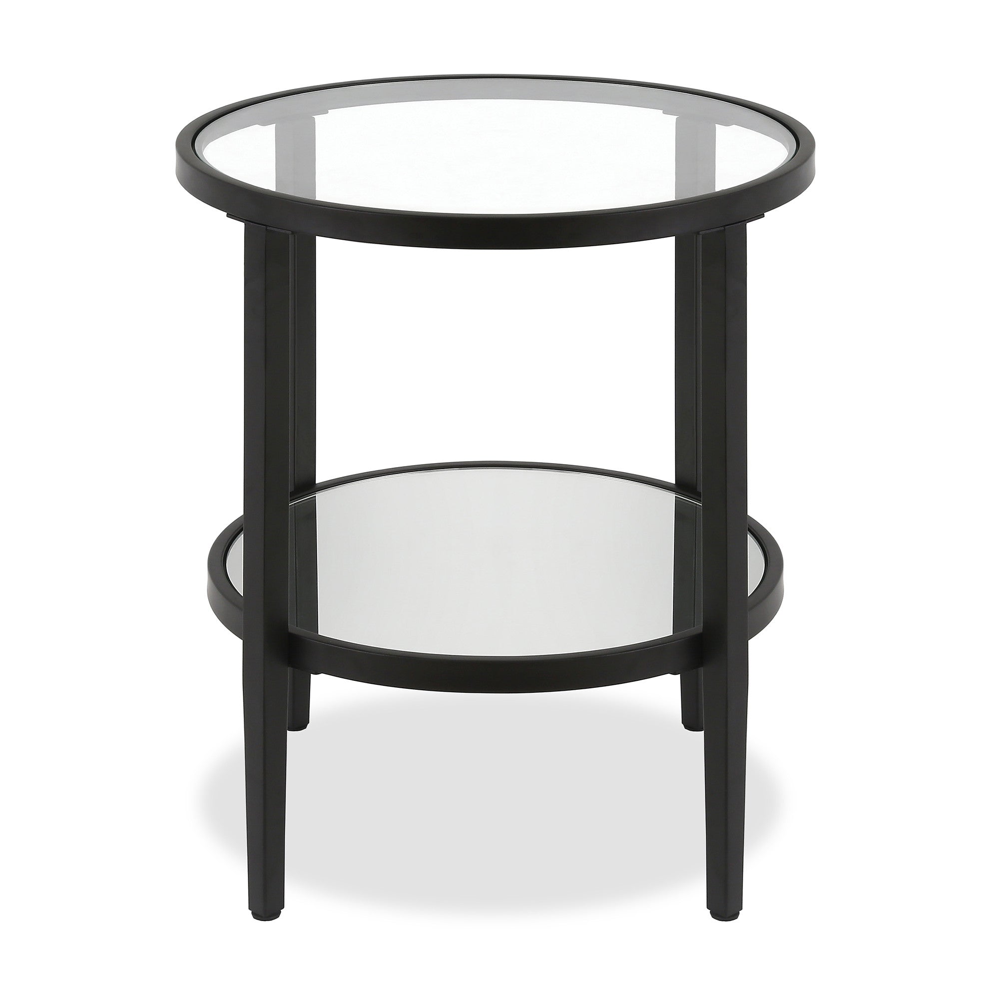 24" Black And Clear Glass And Steel Round Mirrored End Table With Shelf