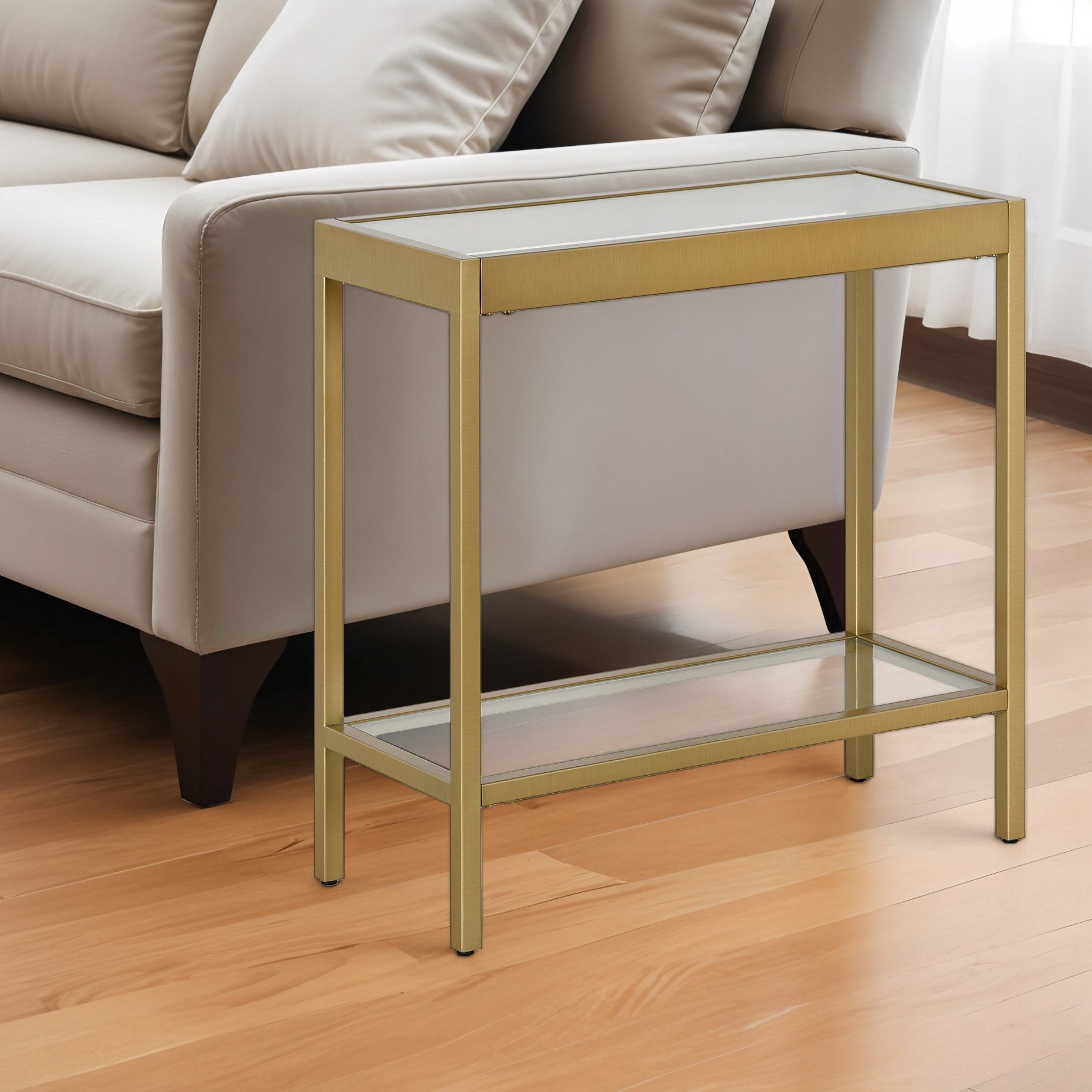 24" Brass And Clear Glass And Steel End Table With Shelf