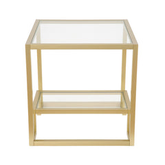 22" Brass And Clear Glass And Steel Square End Table With Shelf